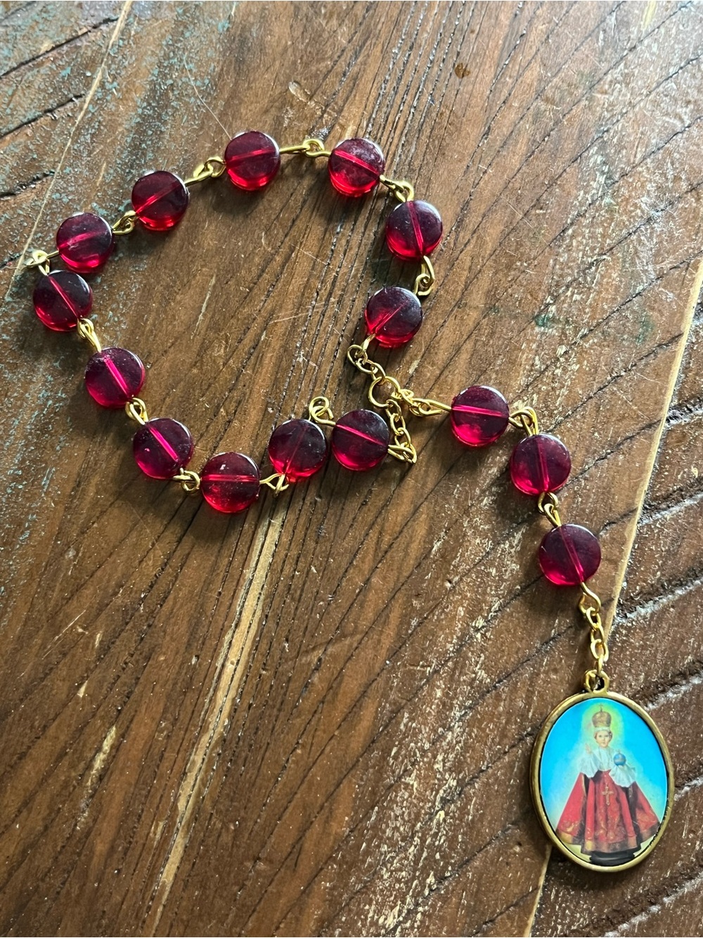 Gold-Tone Red Bead Religious Pendant Bracelet - Unbranded